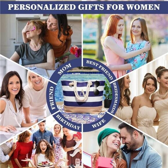 Personalized initial canvas beach tote bag waterproof zipper travel gift for wom - Picture 2 of 7